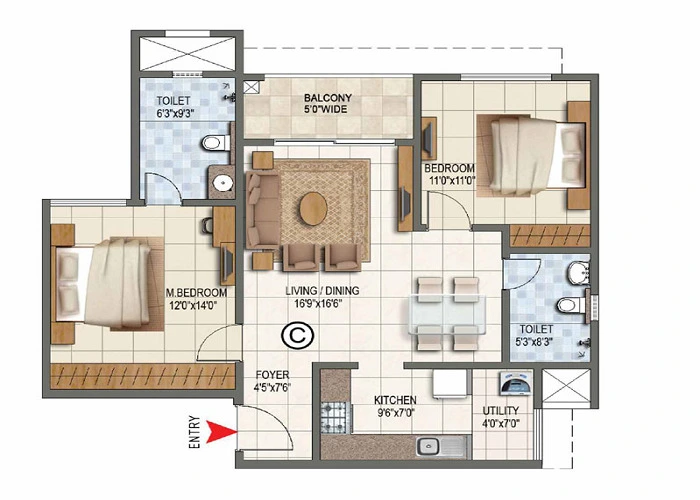 Purva Waves 2 BHK Floor Plan